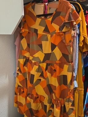 Orange Geometric Tiered Dress